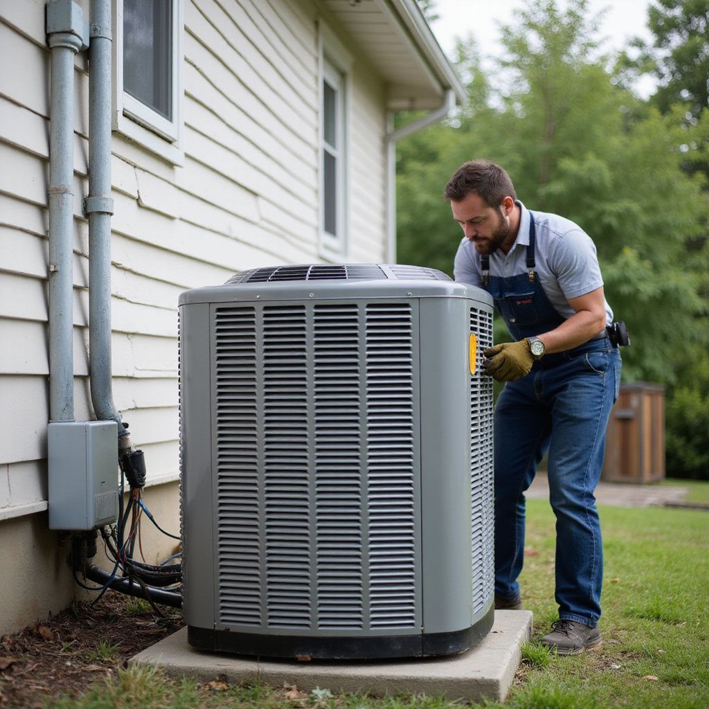 HVAC technician inspecting an air conditioner unit outside a house.
