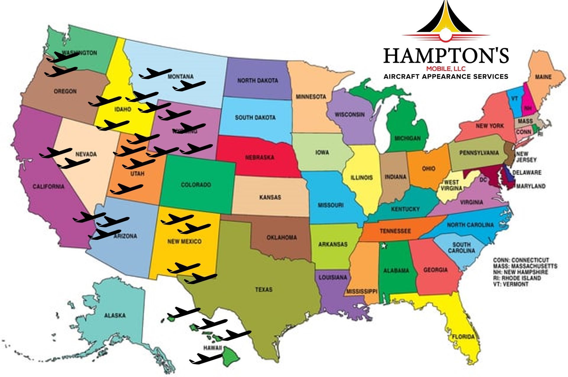 A map of the united states with planes on it