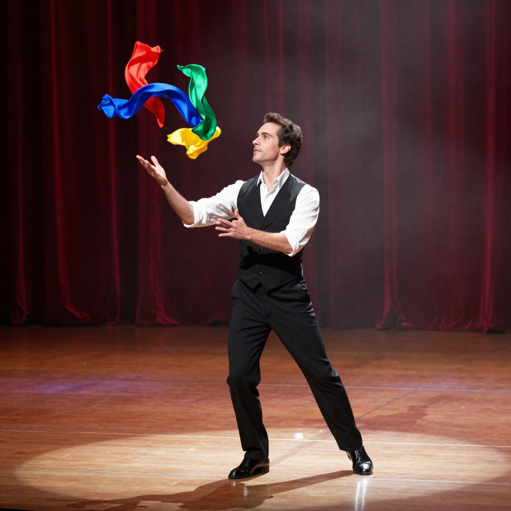 Een jongleur op het podium gooit kleurrijke sjaals in de lucht onder een spotlight.