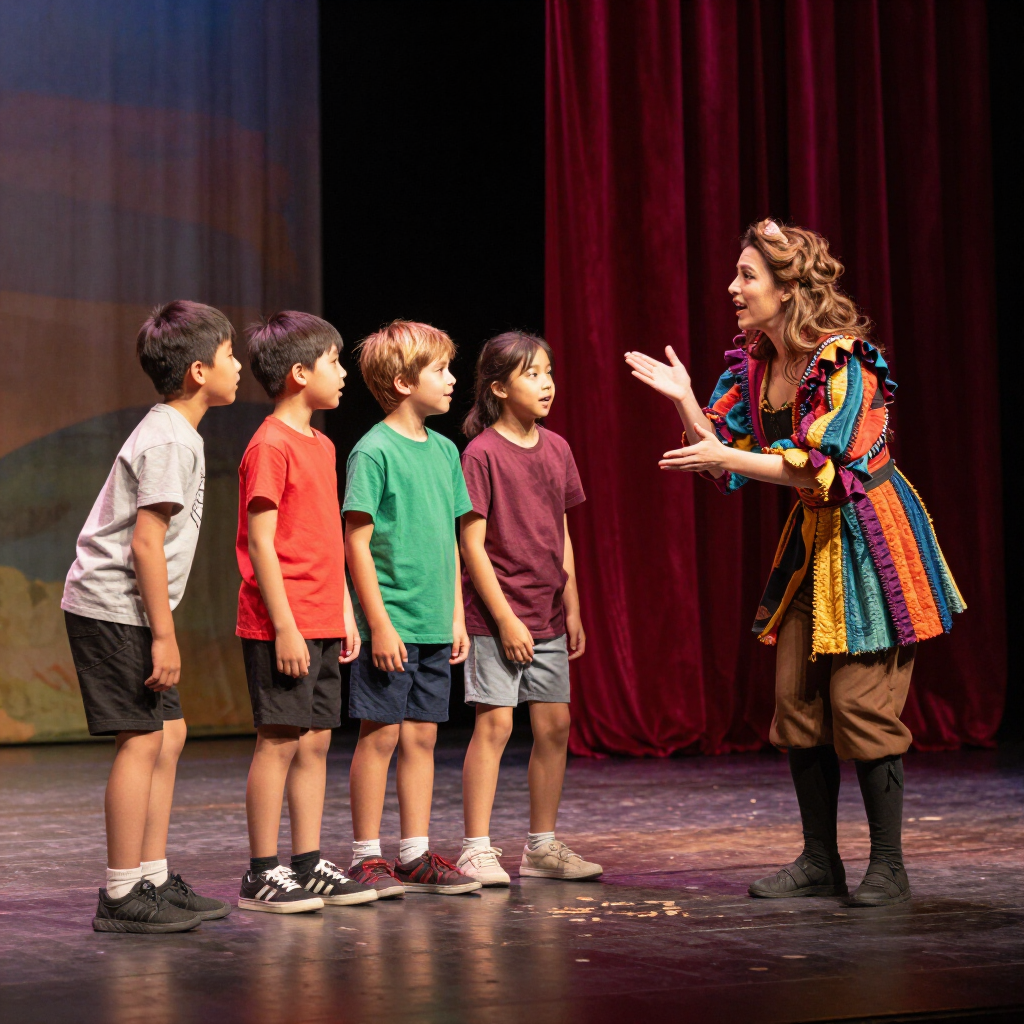 Een lerares in een kleurrijke jurk leidt vier kinderen over een theaterpodium met rode gordijnen.