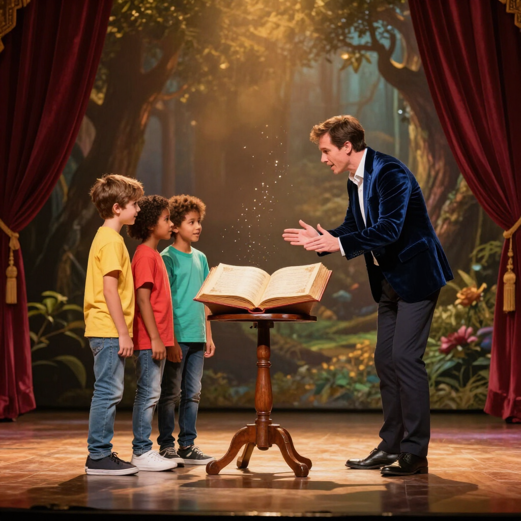 Een leerkracht leest voor uit een open boek aan drie kinderen op een klein podium met rode gordijnen en een bosachtergrond.