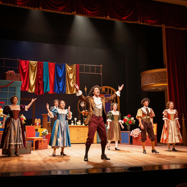 Acteurs in historische kostuums treden op in een theater met rode gordijnen en kleurrijke achtergronden.