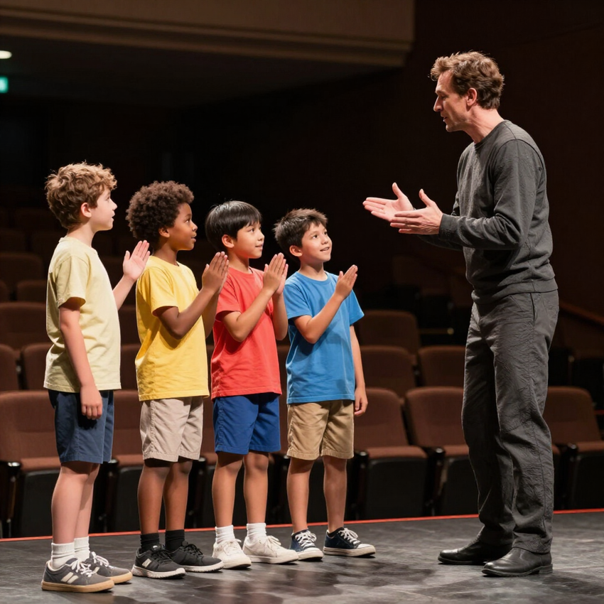 Een instructeur spreekt tot vier kinderen die tijdens een repetitie op een podium staan ​​opgesteld.