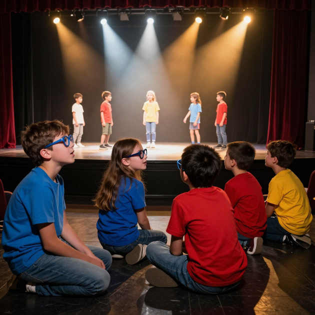 Kinderen zitten op de vloer van het podium en kijken naar klasgenoten die optreden onder de schijnwerpers in een theater.
