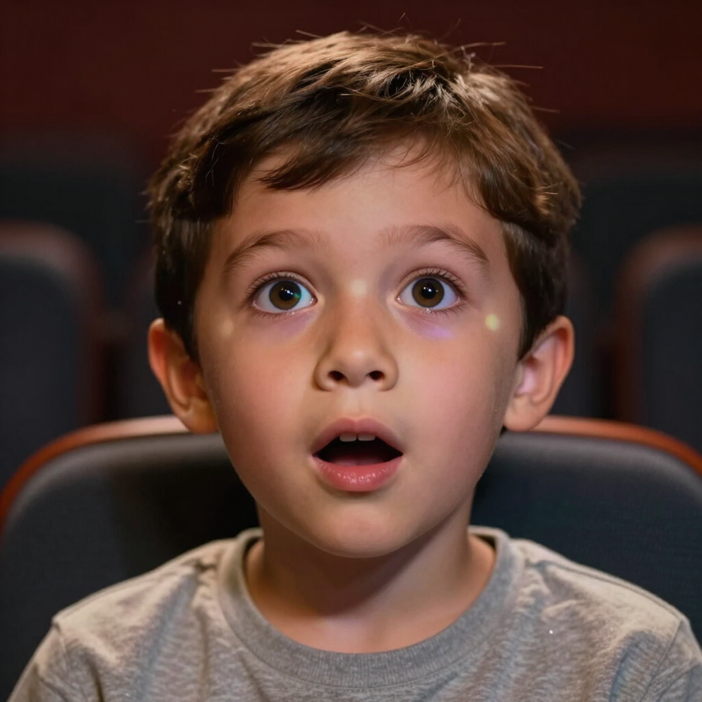 Een kind zit in een theaterstoel en kijkt met grote ogen en open mond verbaasd omhoog.