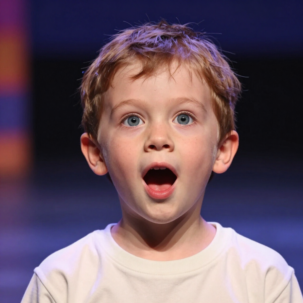 Een kind met grote ogen en open mond staat onder podiumverlichting tegen een wazige paarse achtergrond.