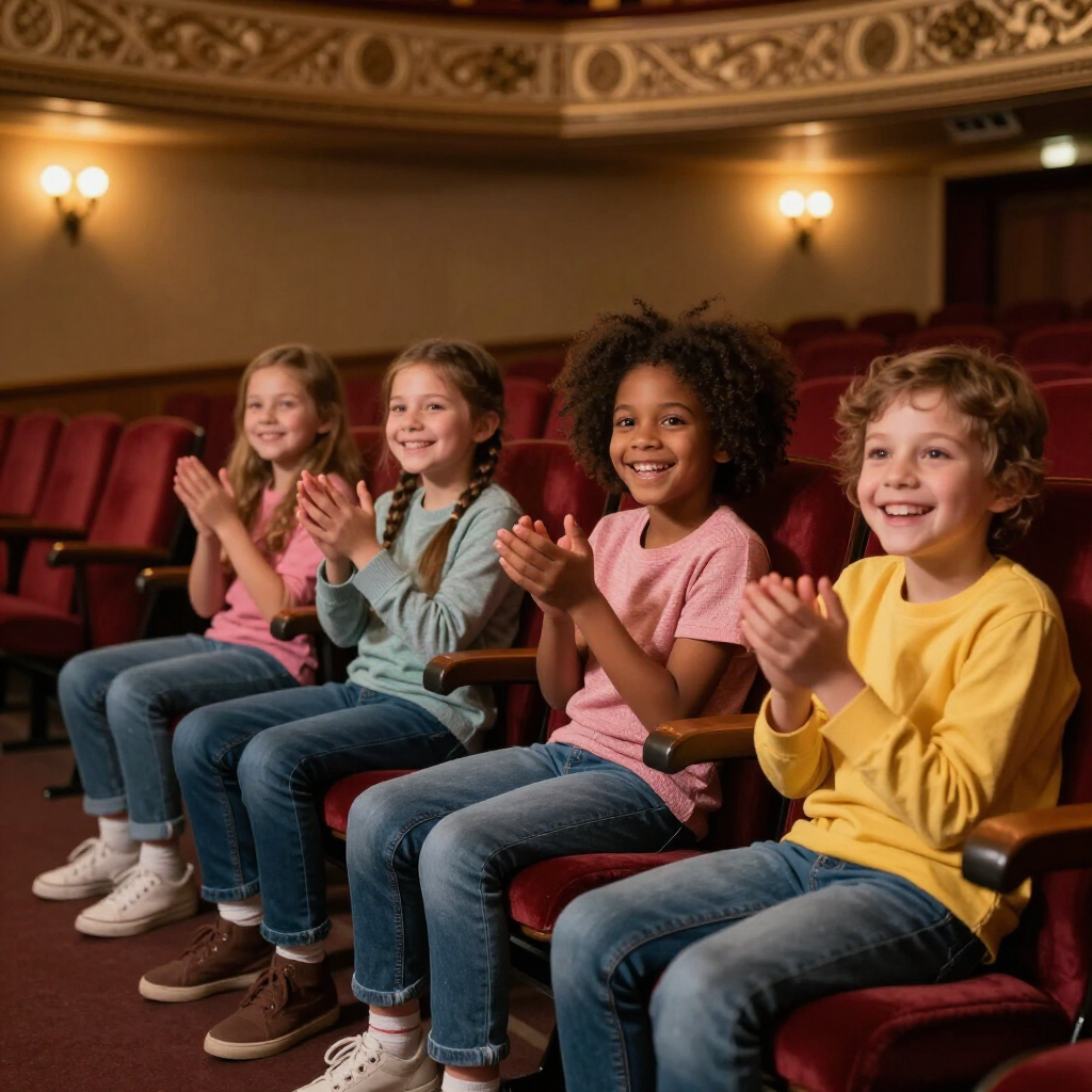 Vier kinderen in vrijetijdskleding zitten op theaterstoelen, lachend en klappend in een warm verlichte zaal.