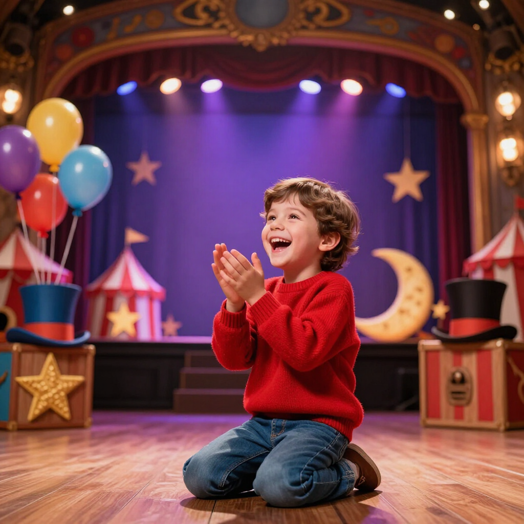 Een lachend kind in een rode trui klapt in zijn handen op een podium in circusstijl met ballonnen en schijnwerpers.