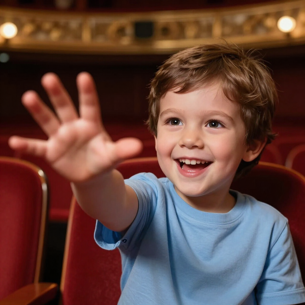 Een lachend kind reikt naar de camera in een theater met rode stoelen.
