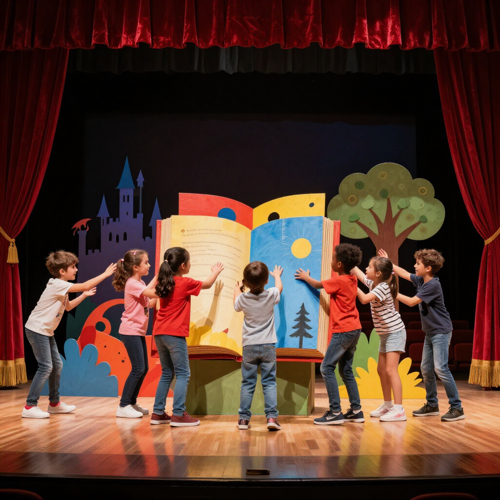 Kinderen poseren op een theaterpodium rond een kleurrijke achtergrond met een gigantisch open boek en een boom.