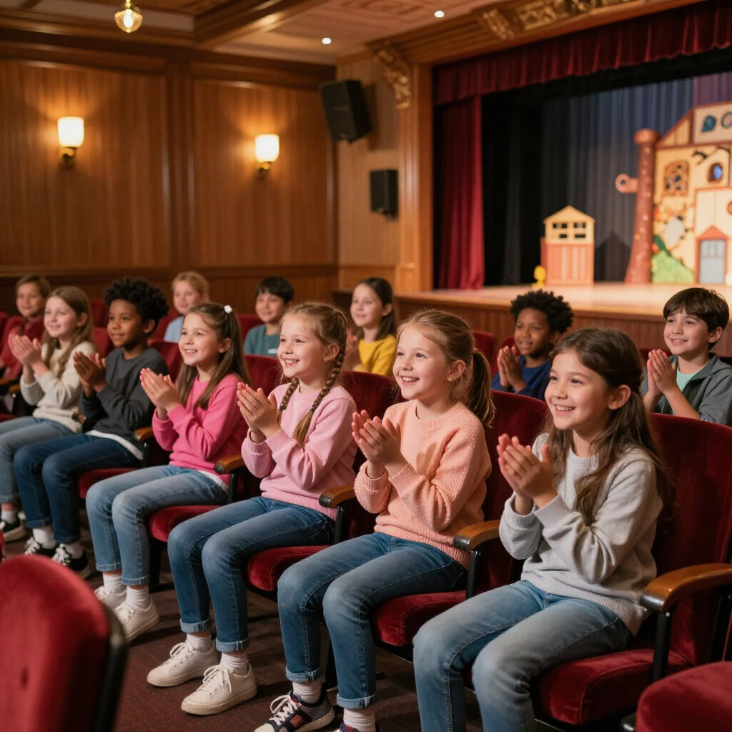 Kinderen klappen in hun theaterstoelen tijdens een voorstelling, met een podium en een kleurrijk decor op de achtergrond.