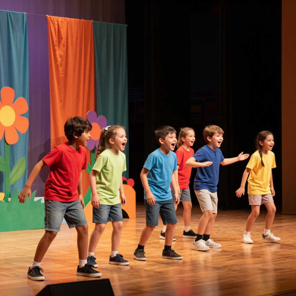 Vijf kinderen dansen op een podium met kleurrijke gordijnen en een bloemenachtergrond.