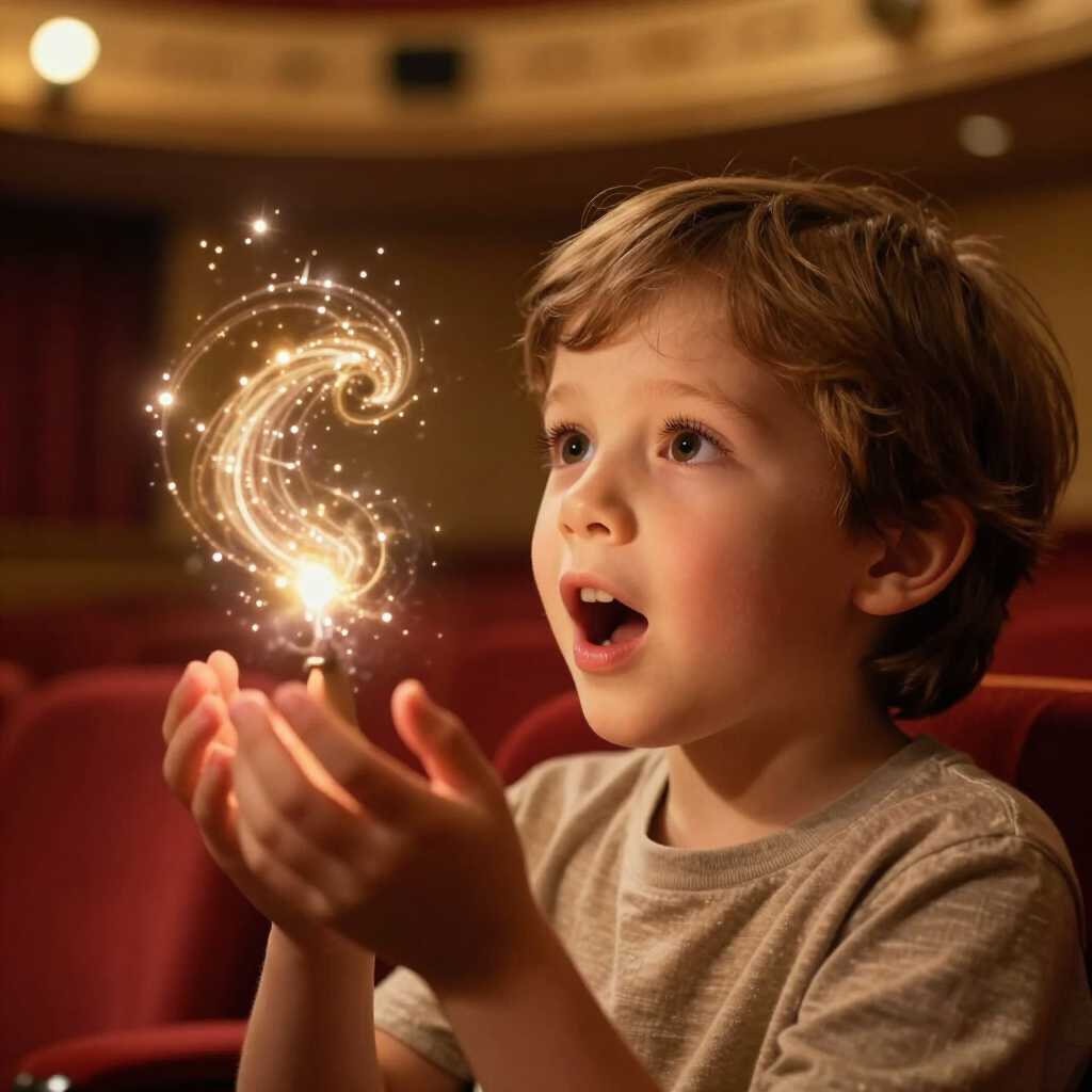 Een kind in een theater staart naar een gloeiende werveling van vonken boven zijn handen.