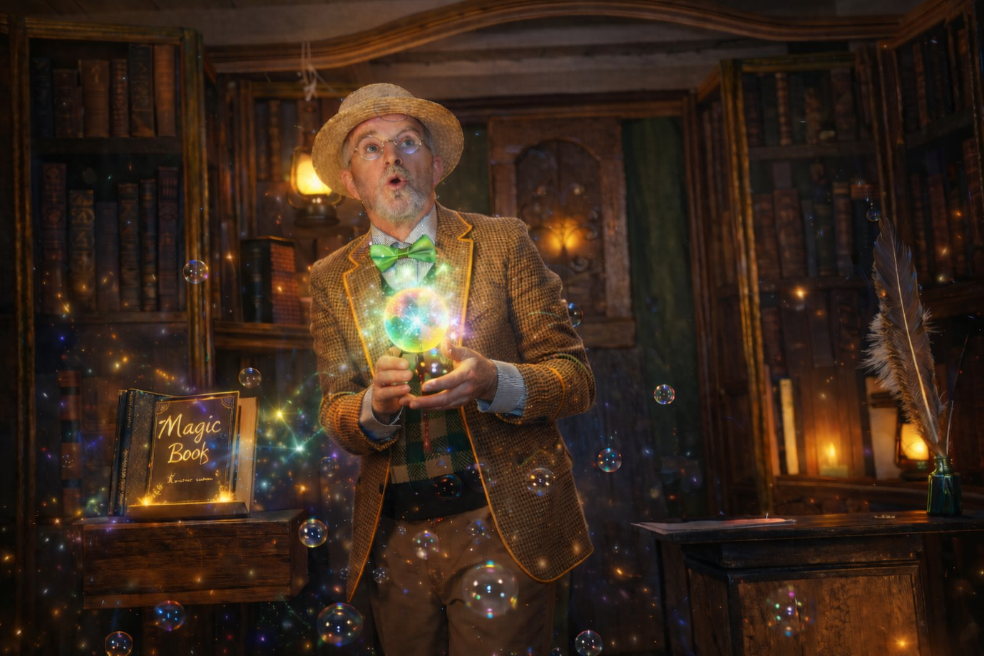 Een mysterieuze man in een antieke kamer houdt een gloeiende bol vast, met zwevende lichtjes en warm verlichte planken bij kaarslicht.