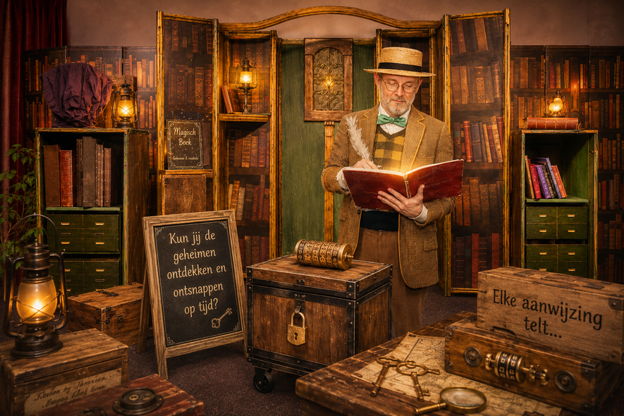 Een steampunk-studeerkamer met een man die een boek leest te midden van warme lampen, planken en antieke koffers.