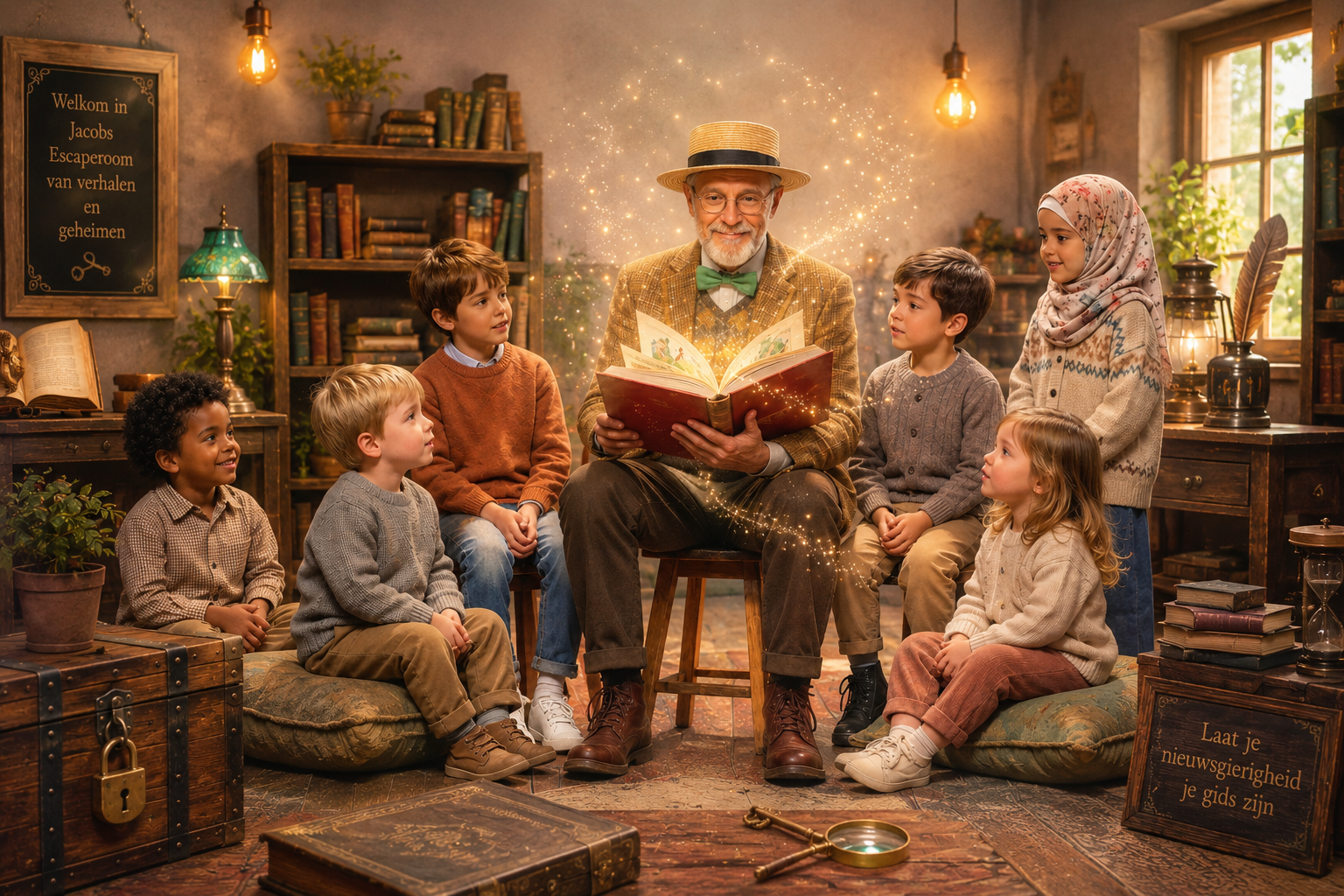 Voorlezen in een knusse bibliotheek: een bebaarde verteller leest voor aan kinderen die op kussens zitten bij het warme licht van een lantaarn.