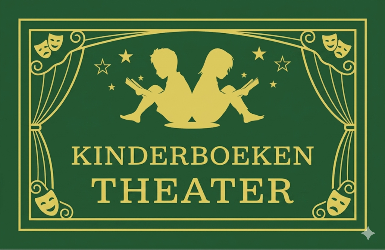 Groen en goudkleurig logo van Kinderboeken Theater met gordijn en sprookjesfiguren.