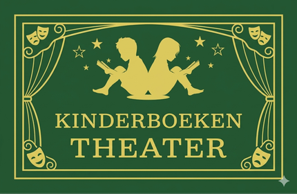 Groen en goudkleurig logo van Kinderboeken Theater met gordijn en sprookjesfiguren.
