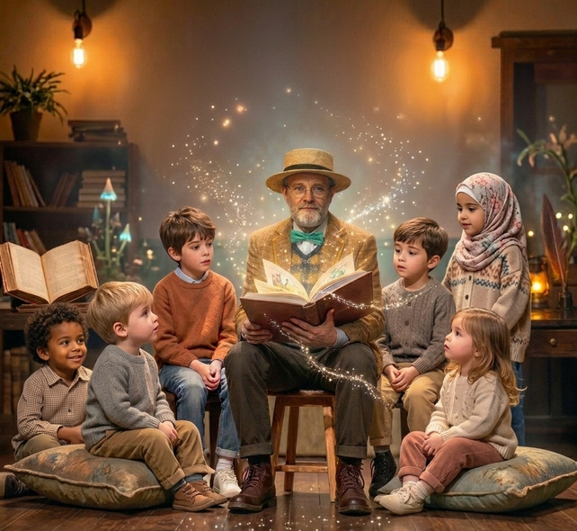Voorlezen met een oudere man en kinderen, verzameld rond een prachtig geïllustreerd boek in een knusse kamer.
