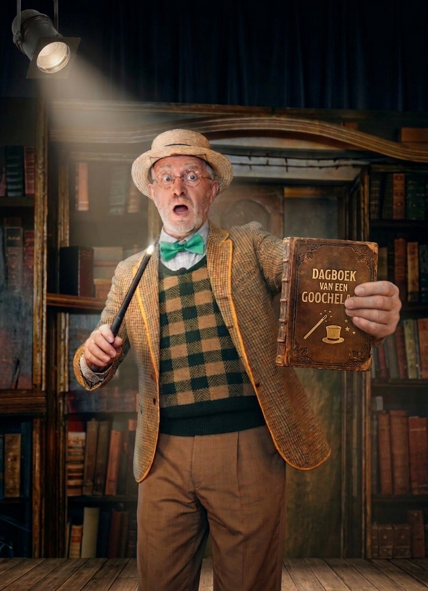 Een man met een boek in zijn handen in een schemerige bibliotheek, gekleed in een hoed, tweedjasje en vlinderdas, staat in het licht van een schijnwerper.