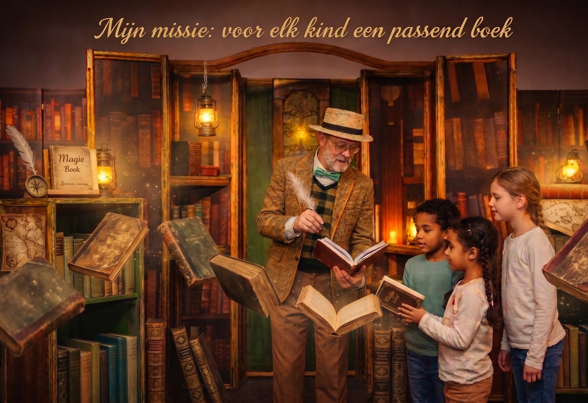 Een scène in een boekwinkel met een winkelier die voorleest aan kinderen te midden van schappen en stapels oude boeken.