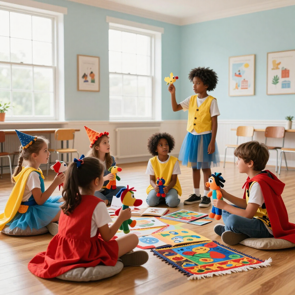 Kinderen spelen met kleurrijk speelgoed op een vloerkleed in het klaslokaal, terwijl een van hen een speeltje omhoog houdt.