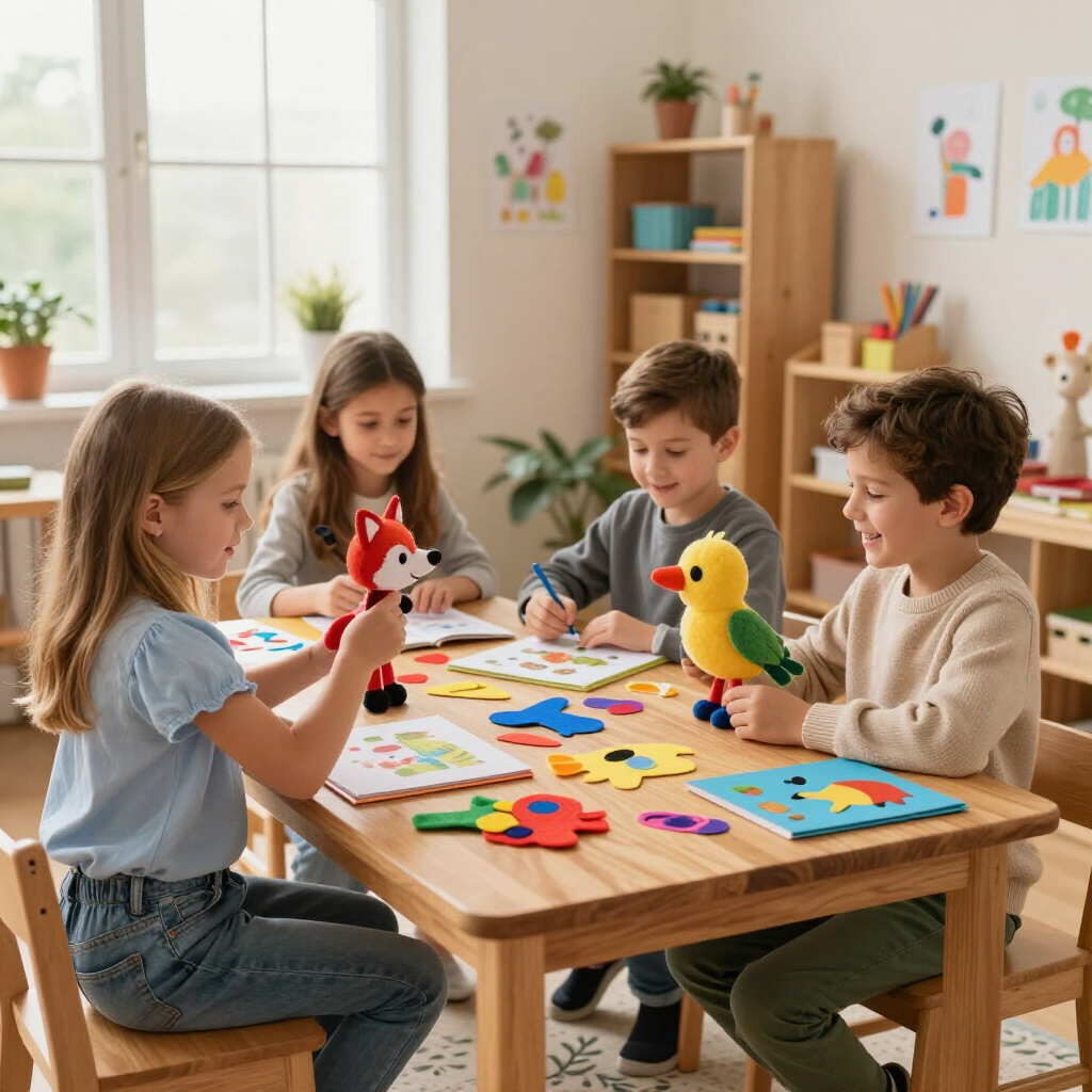 Kinderen knutselen met kleurrijke papieren vogels aan een tafel in een lichte klas.