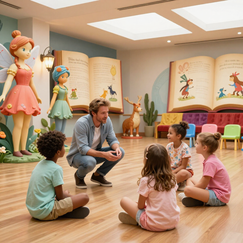 Kinderen zitten met een man in een kleurrijke speelkamer met oversized poppen en muurschilderingen vol verhalen.