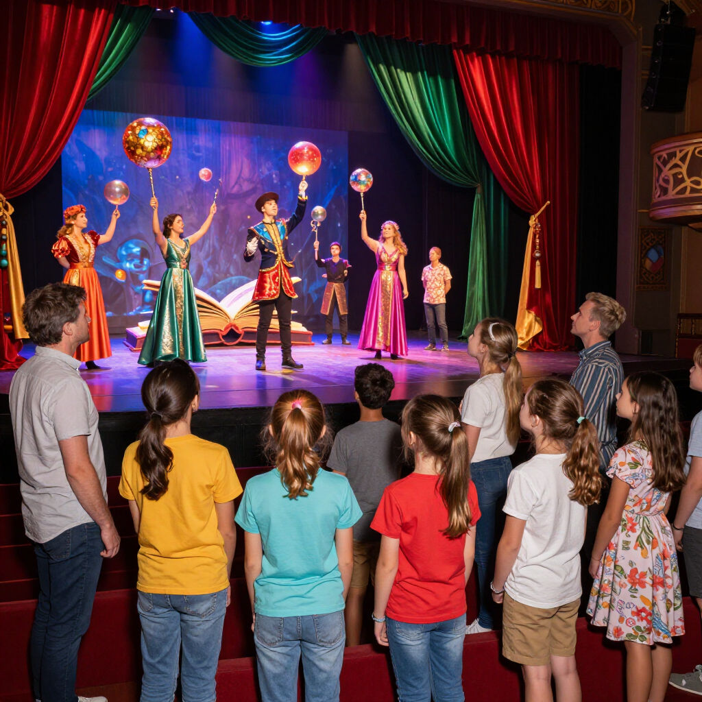 Kinderen kijken naar een kleurrijke dansvoorstelling met dansers die ballen vasthouden onder rode en groene gordijnen.