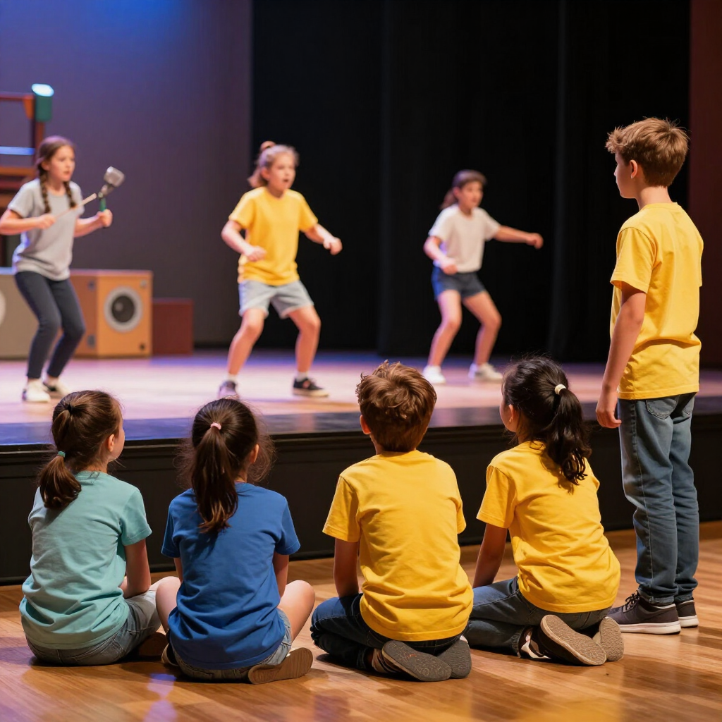 Kinderen oefenen een dansroutine op een podium, terwijl klasgenoten vanaf de grond toekijken.