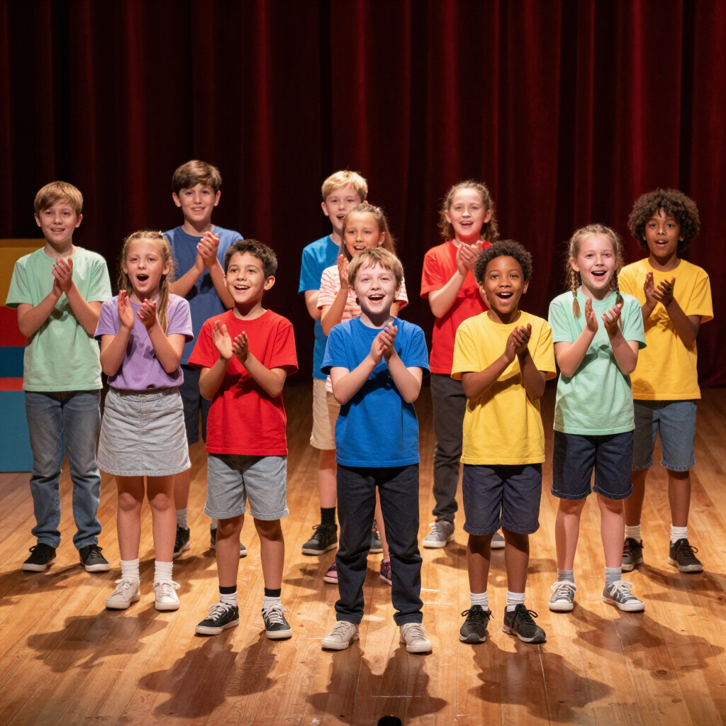 Kinderen op een houten podium voor rode gordijnen, lachend en klappend in felgekleurde T-shirts.