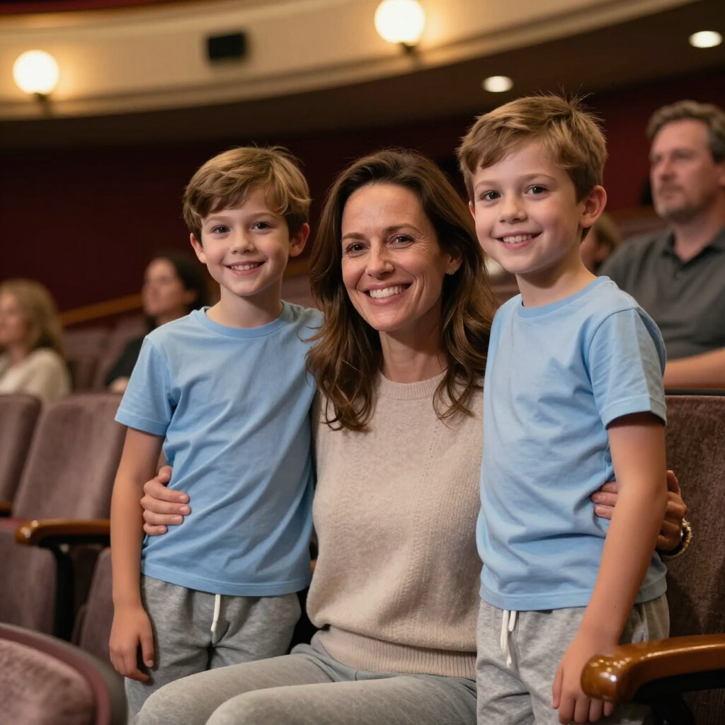 Lachende vrouw zit met twee kinderen in lichtblauwe shirts in een theater of auditorium.
