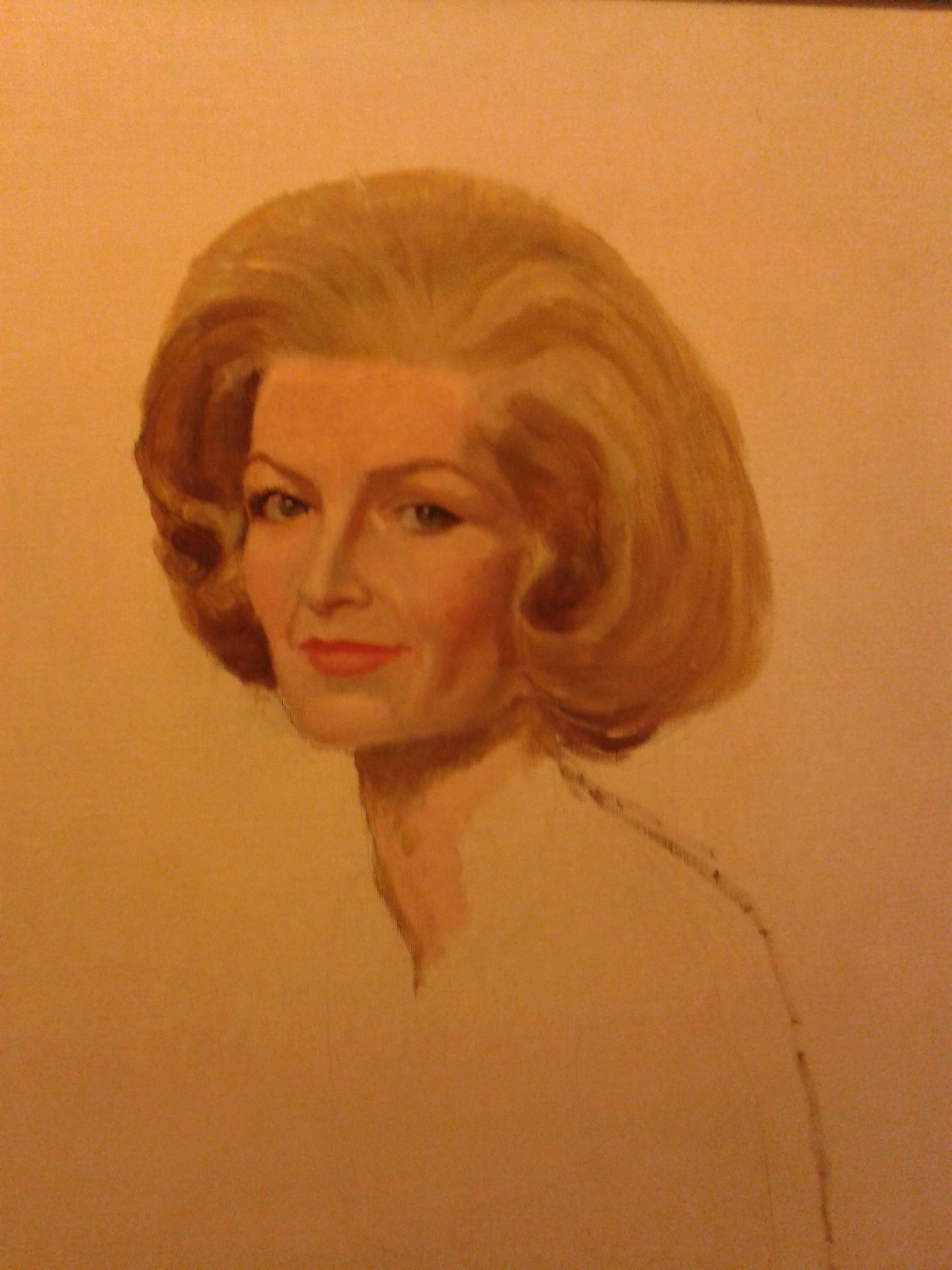A portrait painting of a person with voluminous blonde hair, a subtle smile, and a neutral background.