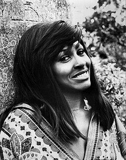 Tina Turner smiling and looking to the side, wearing a patterned top against a stone wall background.