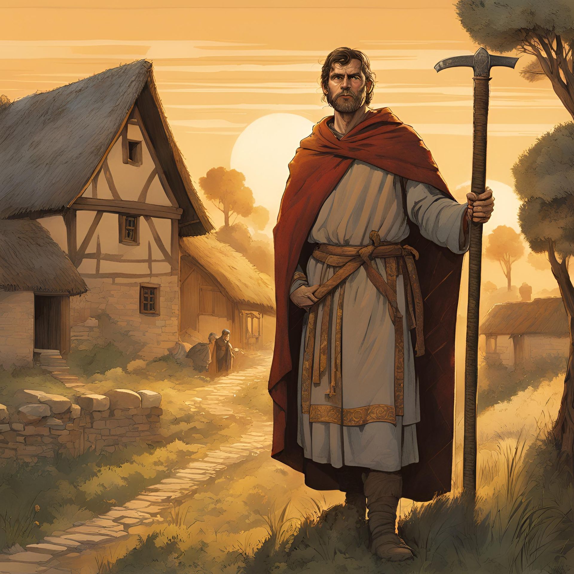 A person in a red cloak and white tunic holds a pickaxe in a village setting during sunset.