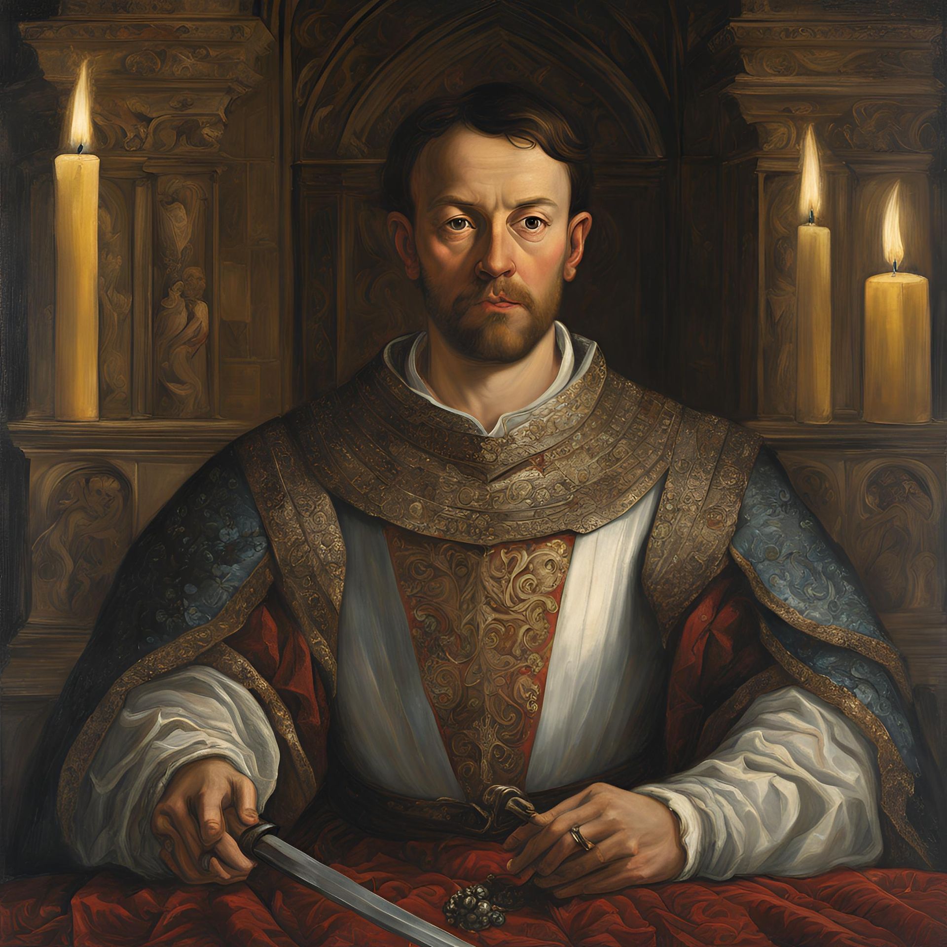 A portrait of a man in ornate robes and a sword, lit by three candles in a dim, stone-arched room.