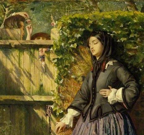 A person in a dark jacket stands by a wooden fence, eyes closed, as someone watches from behind the boards in a garden.