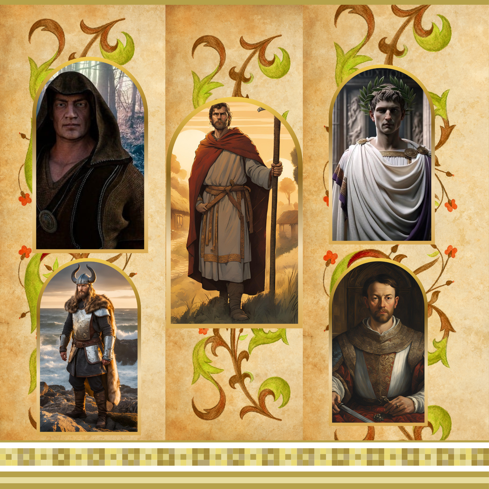A collage of five historical figures in arched frames, set against a decorated, parchment-style background.