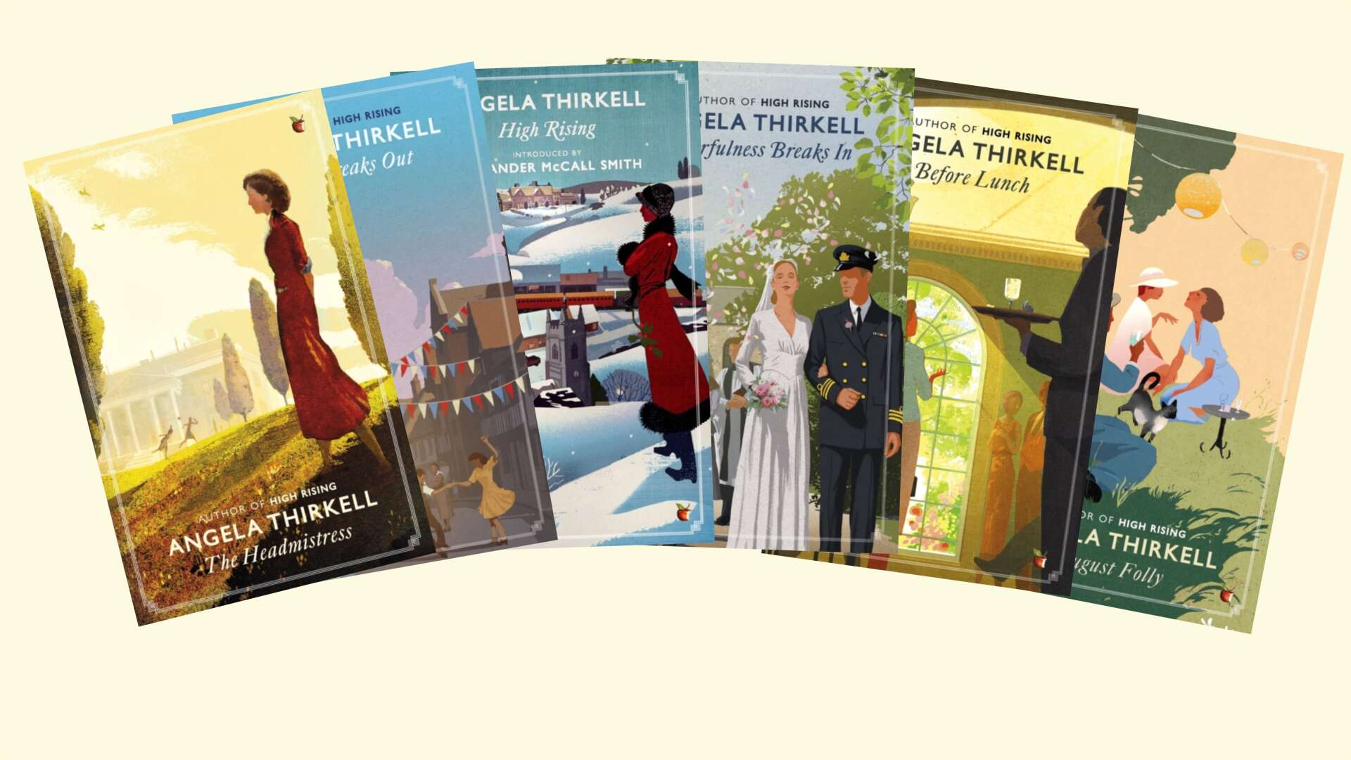 Six Angela Thirkell book covers featuring colorful, illustrated scenes of figures in various outdoor settings.