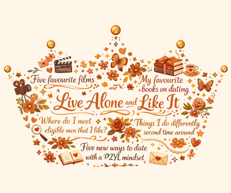 A crown-shaped collage in warm, earthy tones features text about dating, surrounded by icons like books, films, and hearts.