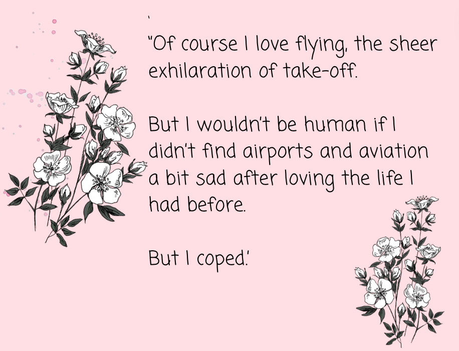 A light pink background featuring floral illustrations and a quote about the emotional complexity of flying.