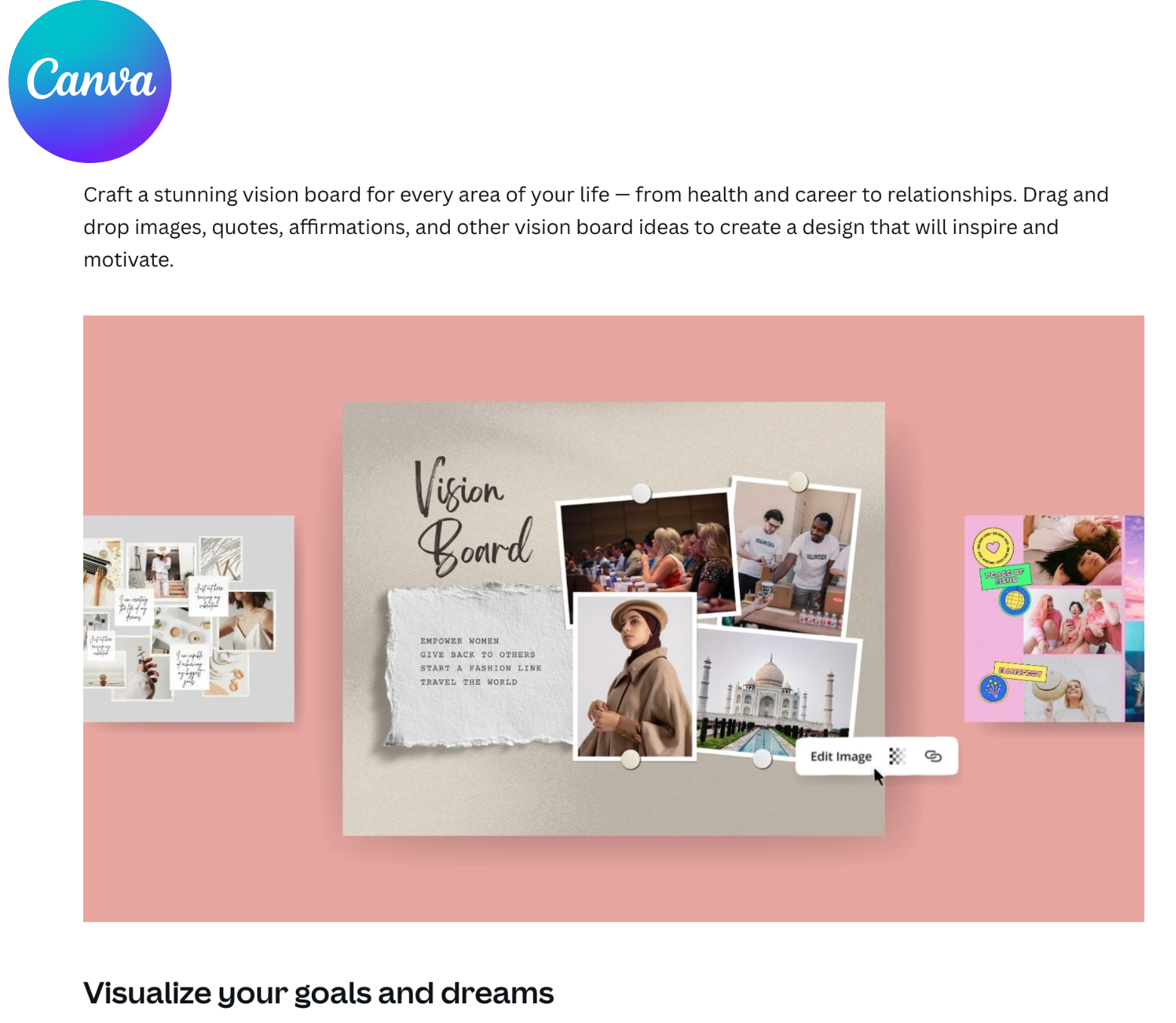 A Canva promotional graphic showing a vision board design with photos, text, and a cursor, set against a pink background.