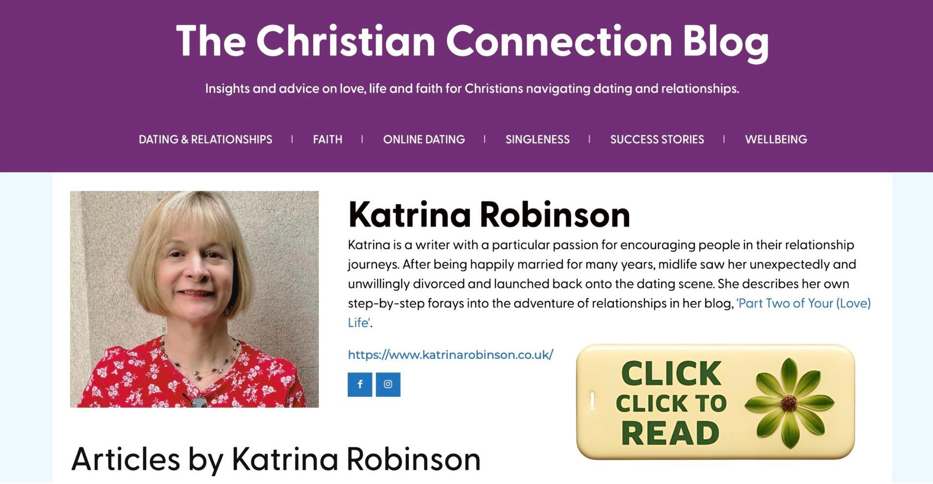 Author bio for Katrina Robinson on The Christian Connection blog, featuring a photo of her and a 'click to read' button.