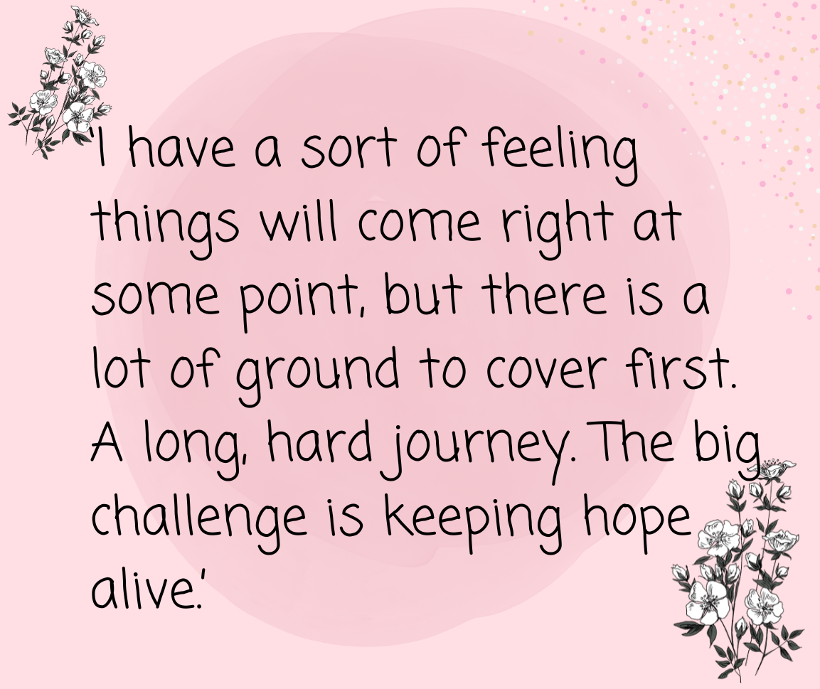 A pink graphic with floral accents contains the text: 