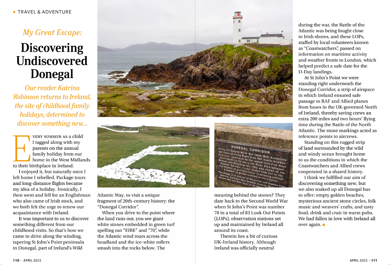 A travel article about Donegal, featuring a lighthouse on a rocky cliff, a giant white