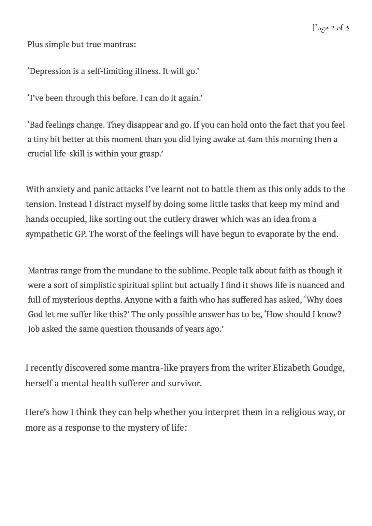 A text document containing personal reflections on managing difficult feelings, faith, and life's mysteries.