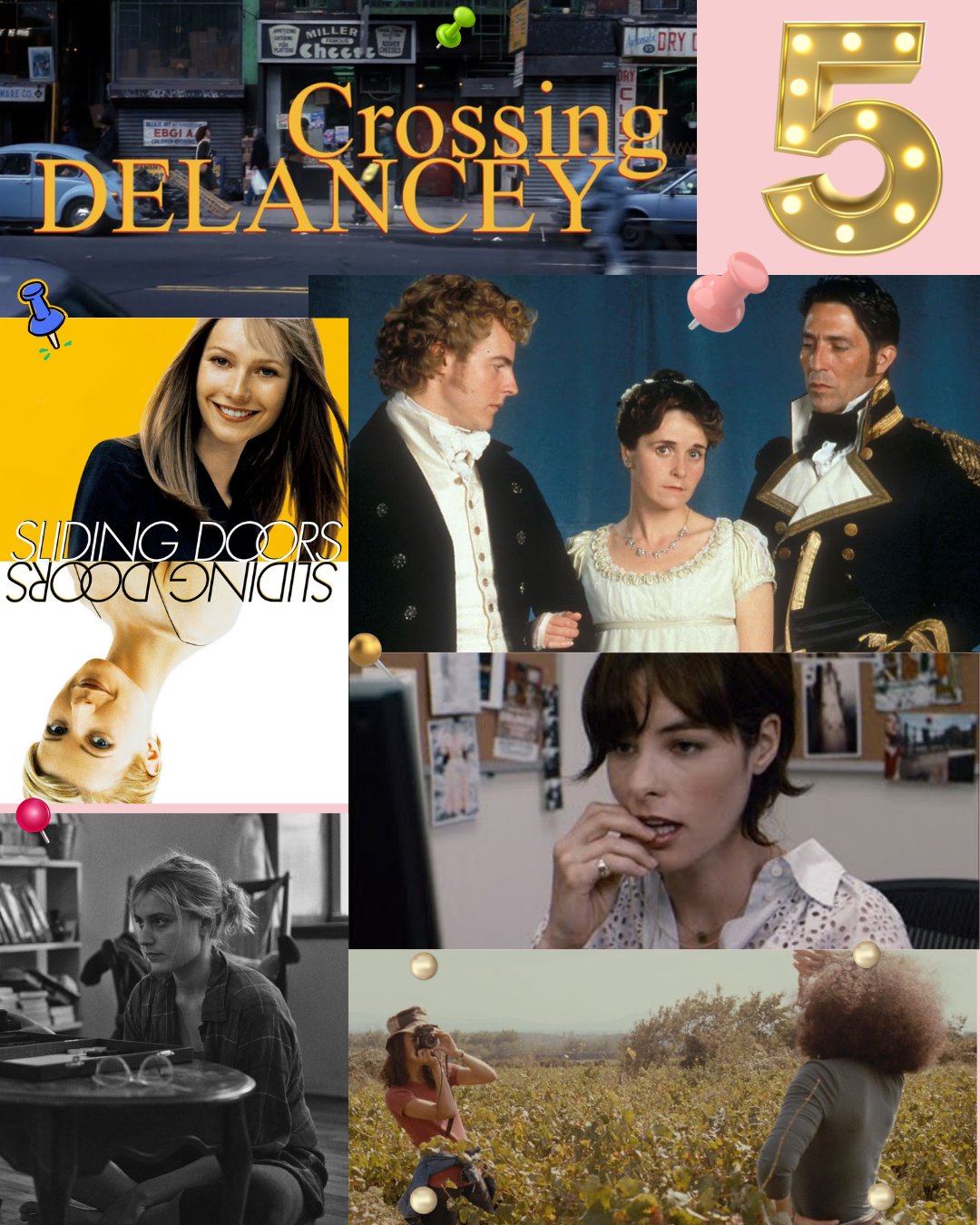 A collage of various movie scenes, including people in period costumes, interior settings, and a vineyard.