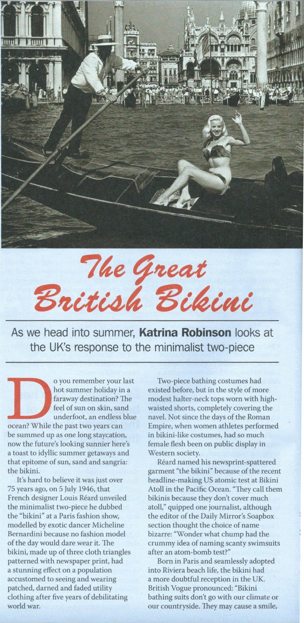 A gondolier rows a woman in a bikini across a canal in Venice beneath a headline titled The Great British Bikini.