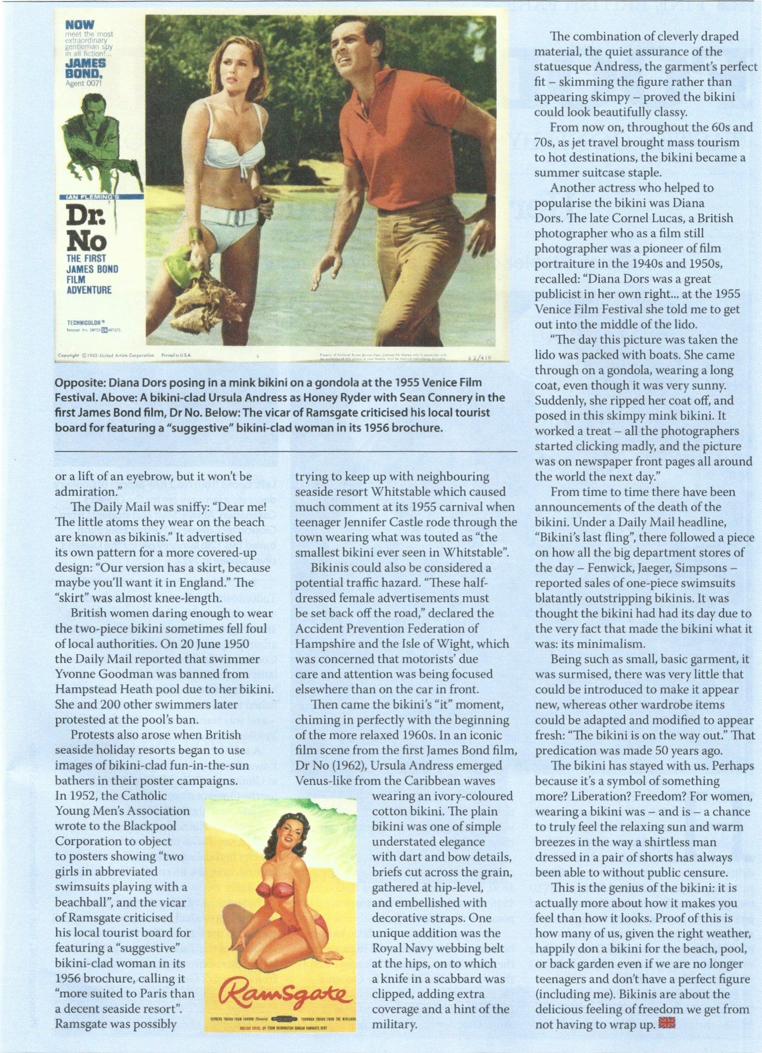 A newspaper page featuring an article on the film Dr. No, an image of a couple wading in water, and a classic movie poster.
