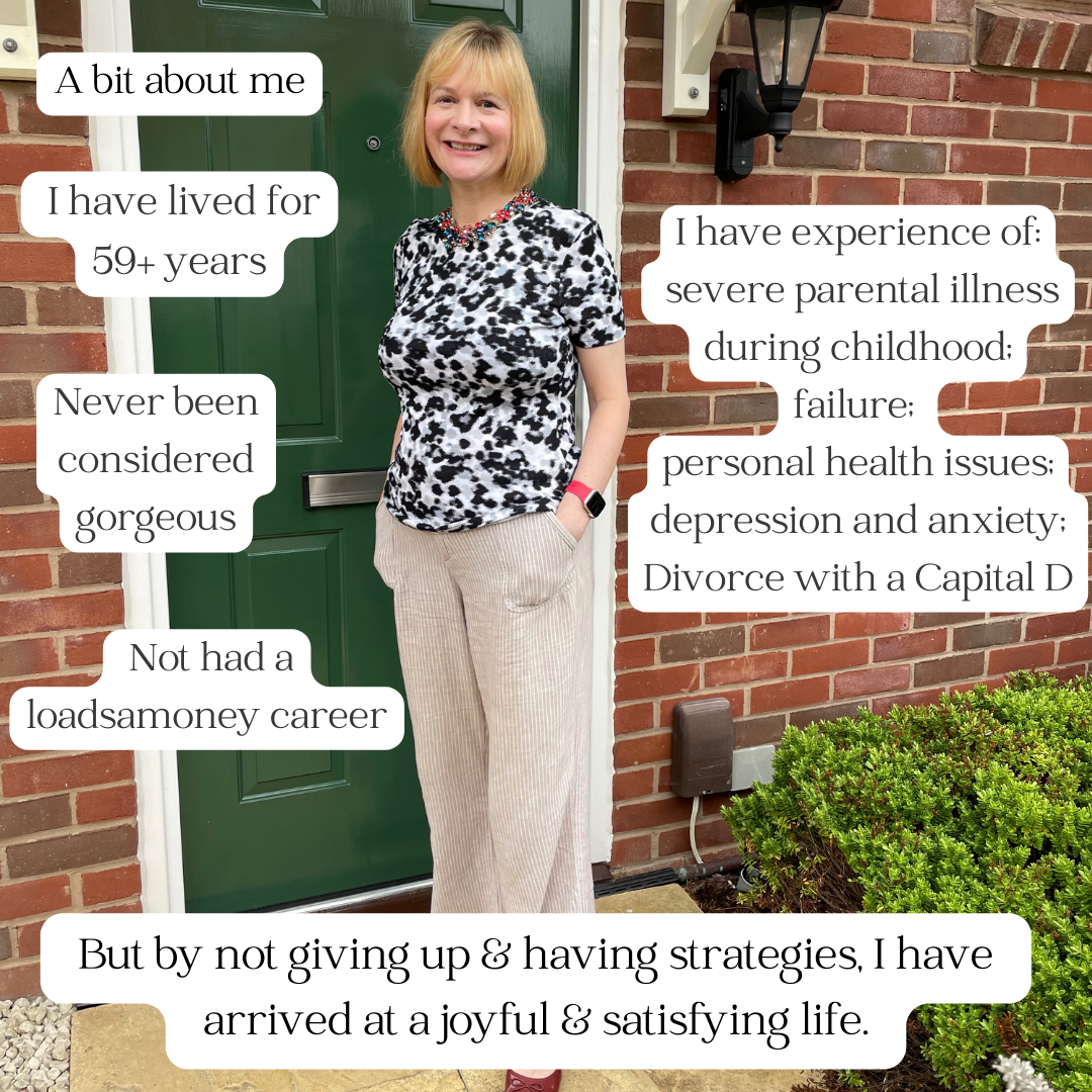 A person stands before a green door, with text overlaid summarizing their life challenges and journey to a joyful life.